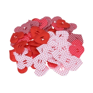Close-up of heart-shaped fabric ribbons for DIY flower bouquets in red plaid and polka dots