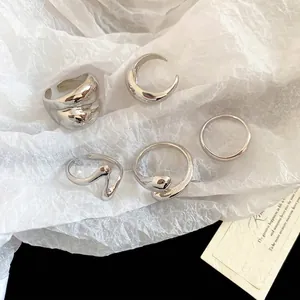 Five-piece minimalist silver metal ring set with smooth polished finish on white paper