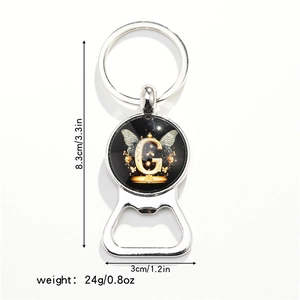 Detailed dimensions of silver butterfly bottle opener keychain with letter G design