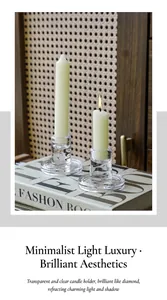 Macro shot of clear crystal glass candle holder with white pillar candle on a book
