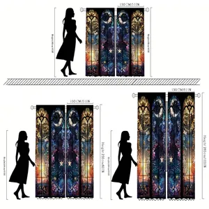 Size guide for celestial polyester curtains showing three height options with scale