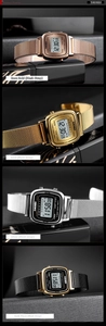 Detail of four retro square digital watches with metallic mesh straps in various colors