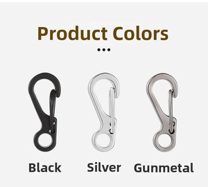 Three-color spring clip hooks in black, silver, and gunmetal finishes for keychains