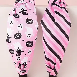 Serre-tête Halloween en tissu avec imprimé fantôme et motif rayé rose et noir