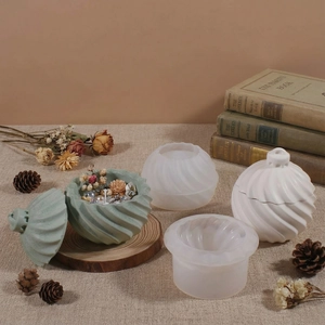 Spiral stripe storage jar silicone mold with finished plaster resin craft display