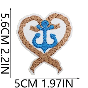 Detailed size chart for blue anchor and brown rope heart-shaped nautical embroidery patch