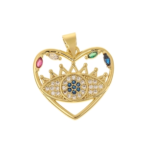 Gold heart pendant with evil eye design and colorful cubic zirconia accents