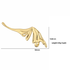 Detail view of 18K gold plated wing earrings with 50mm size and 6.9g weight specs