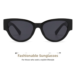 Detailed front view of classic black oval cat-eye sunglasses with polished wide frames
