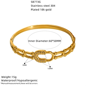 Detailed size measurement of 18K gold plated stainless steel oval bangle with zircon