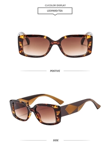 Detailed front and side views of square leopard print sunglasses with tea colored lenses
