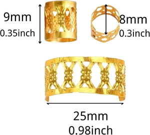 Detail view of 9mm golden hollow braid cuffs with precise dimensions and ornate texture