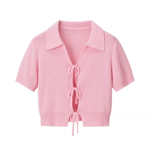 Pink cropped knit short sleeve cardigan with ribbon bows and turn-down collar