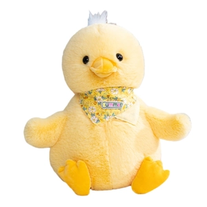 Cute yellow plush duck toy with floral scarf and summer print in a sitting pose