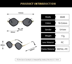 Detailed size chart for punk style geometric sunglasses including dimensions and materials