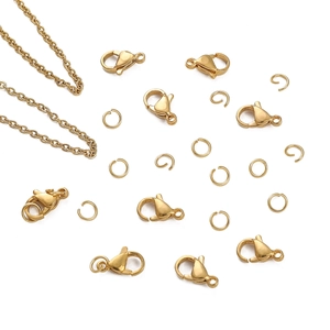 Golden stainless steel jewelry DIY set with lobster clasps, jump rings and chain links
