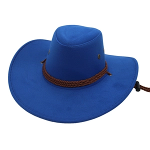 Detail of bright blue felt cowboy hat with braided brown rope and metal eyelets