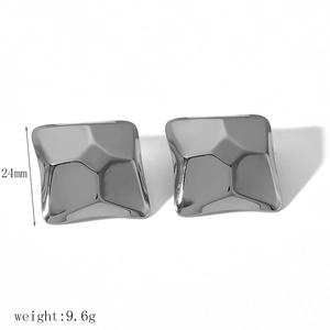 Close-up of silver square geometric earrings showing 24mm height and 9.6g weight specs