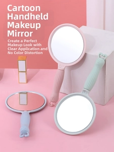 Detail of colorful cartoon handheld vanity mirrors with ergonomic handles and cute animal charms