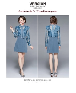 Vue avant et arrière d'une robe en dentelle bleue à manches longues et paillettes
