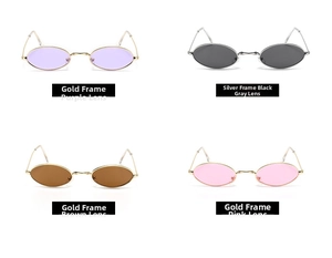 Detailed grid view of retro metal oval sunglasses in four assorted lens and frame colors