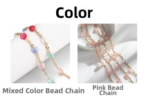 Detail of copper heart bead chains in mixed colors and pink for DIY jewelry making