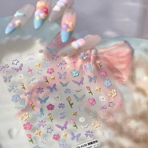 Embossed Nail Art Stickers Flower Butterfly Pattern Self Adhesive Decals French Gentle Style Manicure Decoration Women