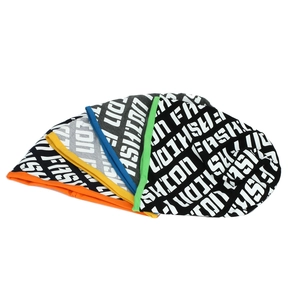 Versatile knitted beanies with repeating white Fashion logo in various vibrant colors