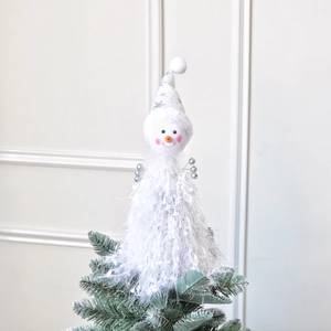 Plush snowman Christmas tree topper with white long faux fur and sequined hat
