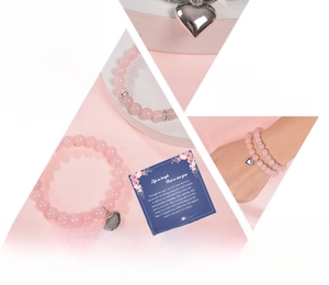 Pink zebra stone bead bracelets with heart pendant and gift card display set