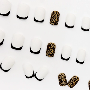 Matte black French tip and leopard print press-on nails in short square shape