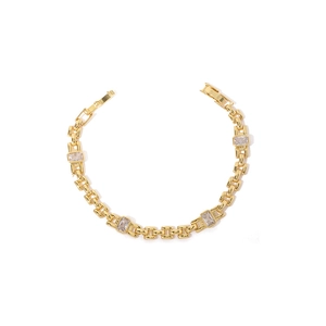 18K gold plated brass bracelet with watch strap link design and rectangular cubic zirconia