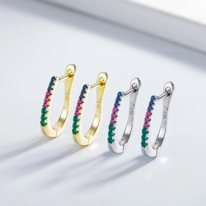 U-shaped S925 silver hoop earrings with multi-colored zircons in gold and silver finish