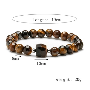 Detail view of 8mm tiger eye stone beaded bracelet with 10mm geometric center bead
