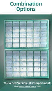 Stackable storage unit with 60 clear drawers for small parts, size 38cm x 48cm x 18cm