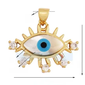 Technical dimensions of a golden evil eye pendant featuring natural shell and clear zircons