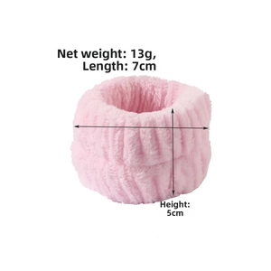 Pink coral fleece wristband with ribbed texture for face washing and skincare, 7x5cm size