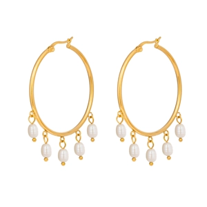Elegant gold hoop earrings with white teardrop pearls in a minimalist retro design