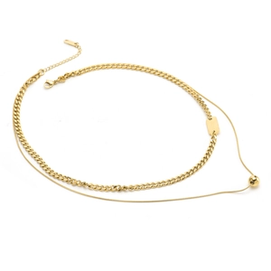 Collier double couche en titane doré avec perles MOM et chaîne serpent élégante