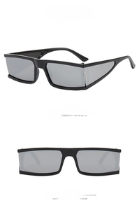 Front and side views of stylish rectangular sunglasses with black frames and silver lenses