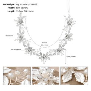 Détails du bandeau de mariée avec perles et strass incluant dimensions et poids net