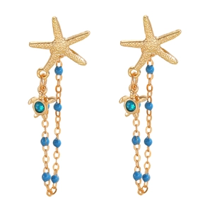 Detailed view of starfish stud earrings with blue turtle charms and beaded tassels