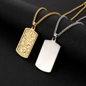 Men's titanium steel square dog tag necklaces with embossed skull and plain silver pendants