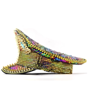 Sparkling sequin captain hat with golden studs and rhinestones for party and stage performances
