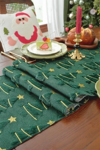 Detail of dark green Christmas table runner with gold star and tree embroidery pattern
