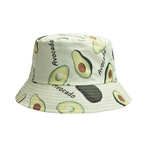 Unisex light green bucket hat with avocado print made of durable cotton canvas material