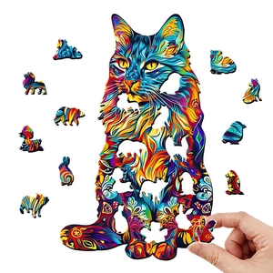Artistic irregular wooden cat puzzle with animal-shaped pieces and assembly demo
