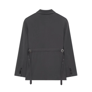 Back view of dark grey long-sleeve blazer with waist adjustment strap and metallic buckle