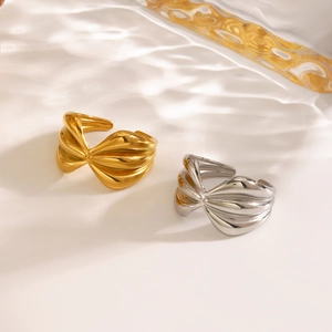 Stainless Steel Bow Ring 18K Gold Plated Chunky Wavy Textured Adjustable Open Design Minimalist Jewelry For Women