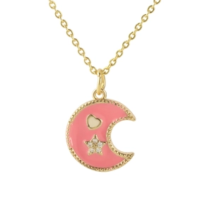 Golden crescent moon necklace with pink enamel, white heart and star pendant
